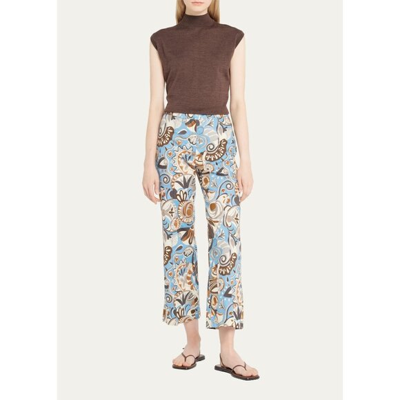 Max Mara Licia Paisley Print High-Rise Cropped Pants In Blue & Brown Print Sz 8 - Picture 1 of 10